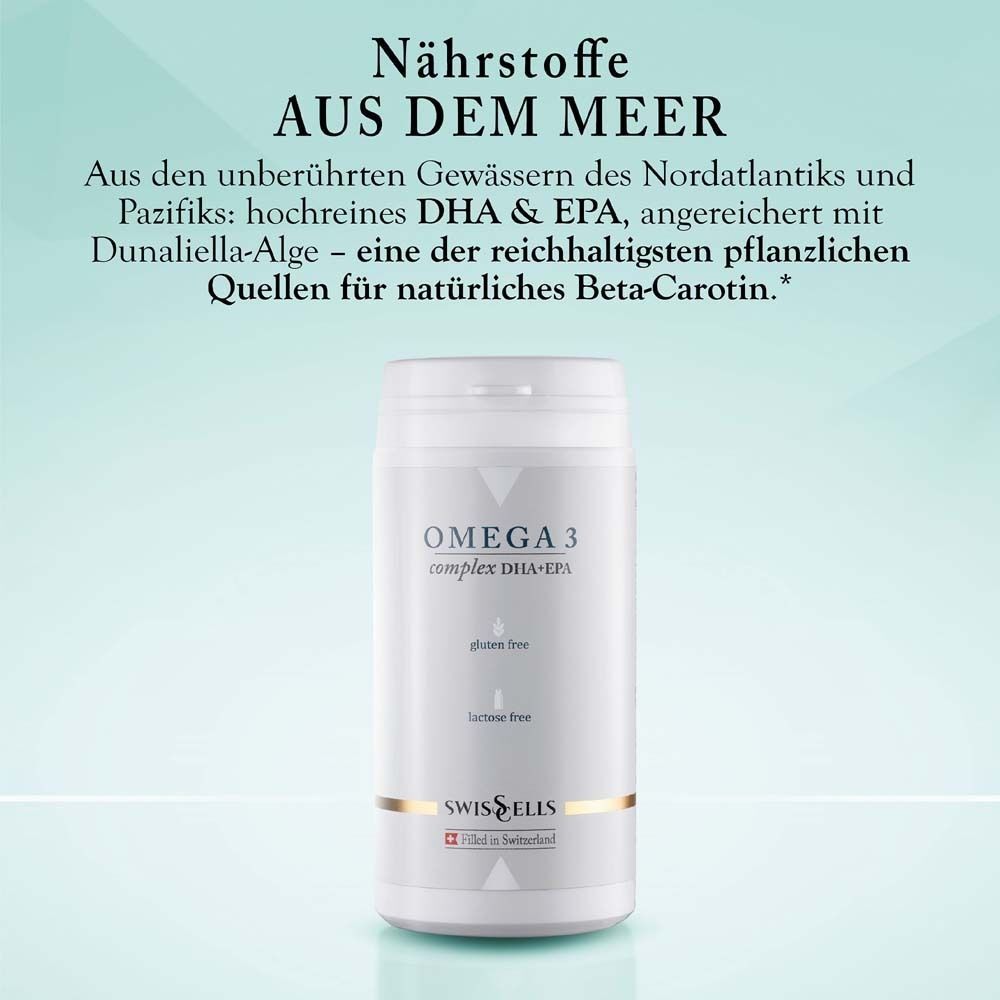 Text mit Dose. Text: Nährstoffe aus dem Meer. Hochreines DHA & EPA. Dose: OMEGA 3 complex DHA+EPA, glutenfrei, lactosefrei. Marke: Swisscells.