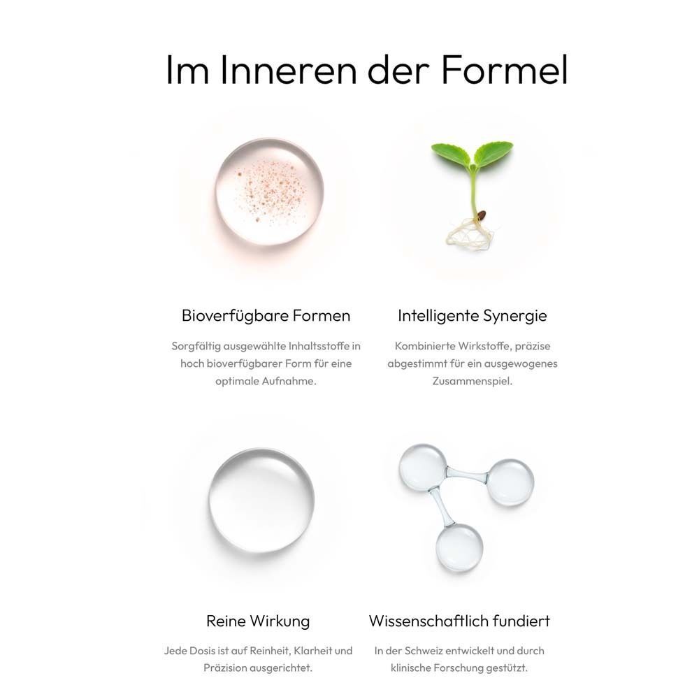 Grafik mit vier Kreisen. Text: Im Inneren der Formel. Themen: Bioverfügbare Formen, intelligente Synergie, reine Wirkung, wissenschaftlich fundiert.