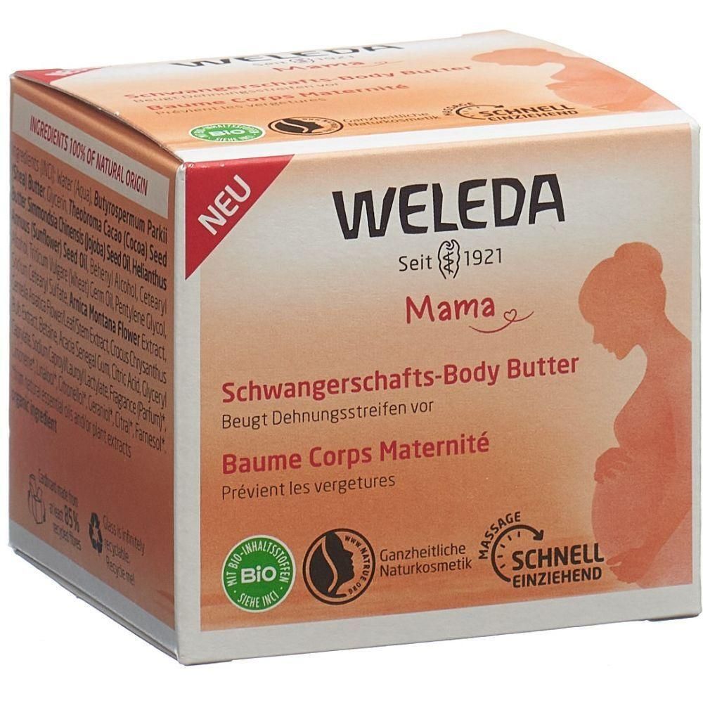 Karton mit WELEDA Mama Schwangerschafts-Body Butter. Aufschrift: Schwangerschafts-Body Butter, beugt Dehnungsstreifen vor. Bio-Siegel.