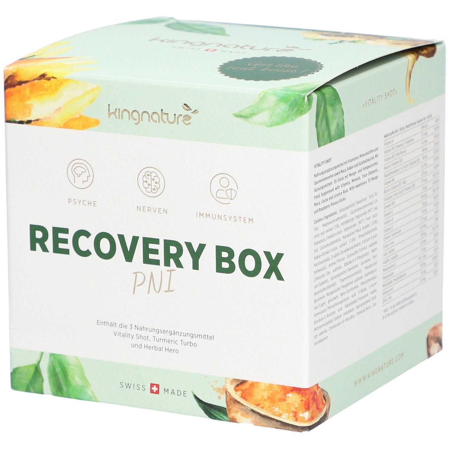Kartonbox mit Aufschrift "RECOVERY BOX PNI". Logo "kingnature". Enthält Nahrungsergänzungsmittel. "SWISS MADE" Logo.