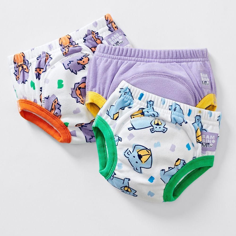 Drei waschbare Lernhöschen mit Tier-Motiv. Farben: Weiß, Lila, Grün, Orange, Gelb. Mit Gummibündchen und Logo-Etikett.