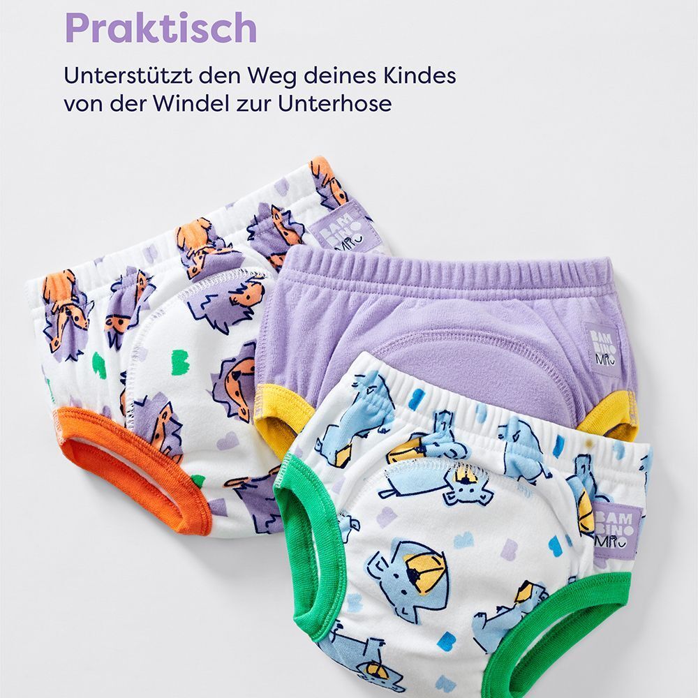 Drei waschbare Lernhöschen mit Tier-Motiv. Text: Praktisch. Unterstützt den Weg deines Kindes von der Windel zur Unterhose.