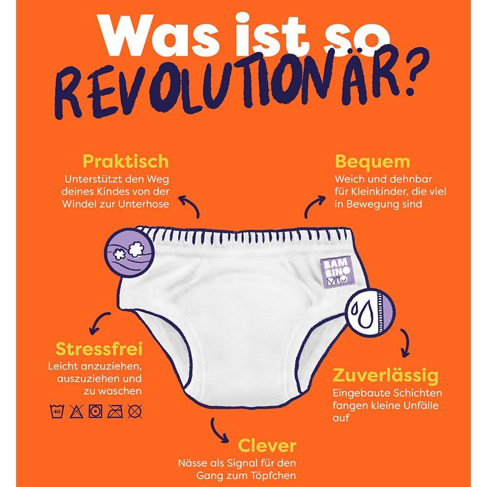 Waschbares Lernhöschen. Text: Praktisch, Bequem, Stressfrei, Zuverlässig, Clever. Waschsymbole.