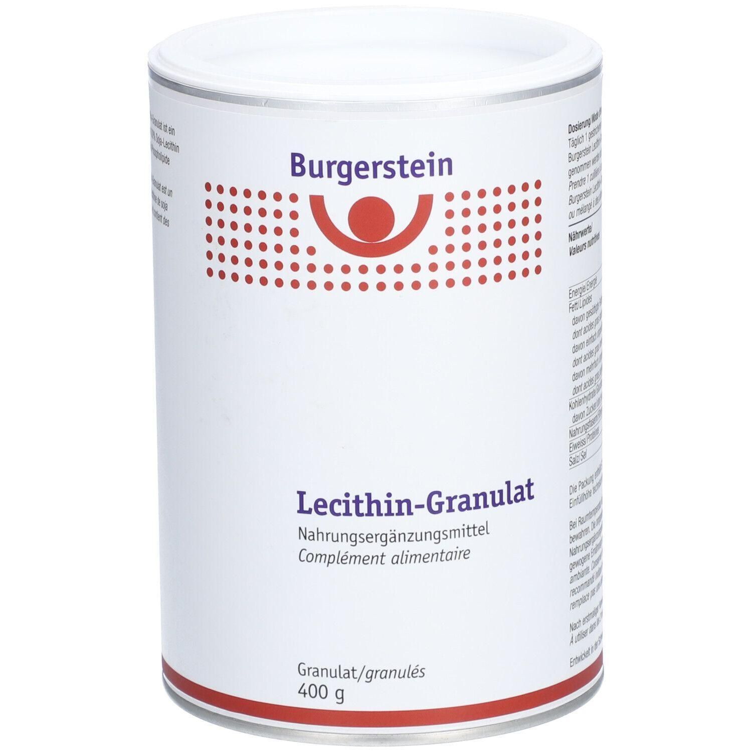 Zylindrische Dose mit Deckel. Aufschrift Burgerstein, Lecithin-Granulat, Nahrungsergänzungsmittel. Roter Kreis mit Punkten.