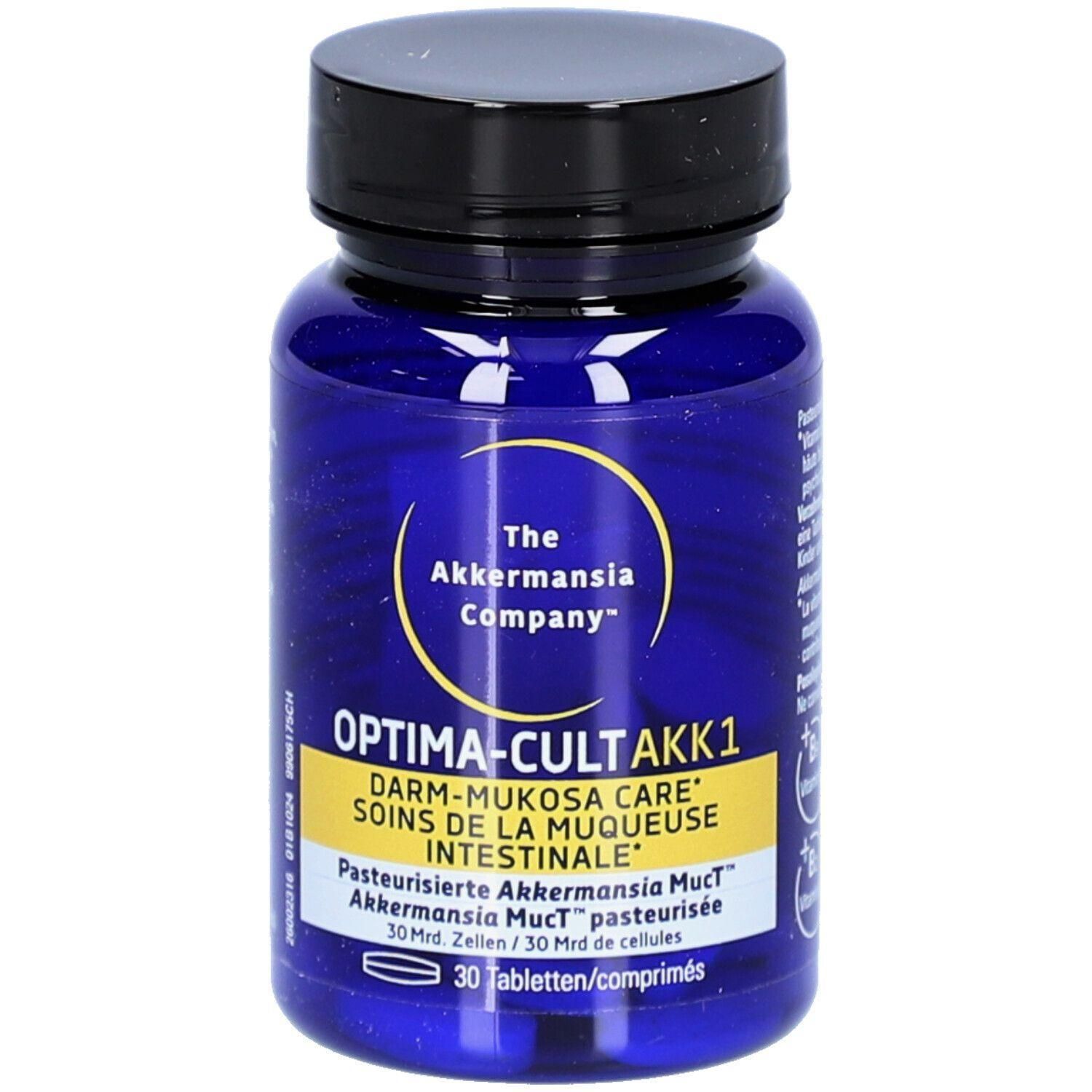 Blaue Flasche mit schwarzen Deckel. Aufschrift: OPTIMA-CULT AKK1, Darm-Mukosa Care, The Akkermansia Company. 30 Tabletten.