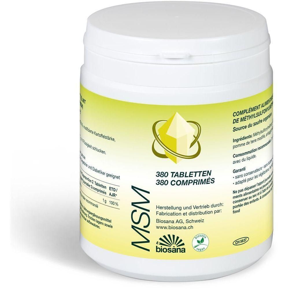 Weißes Tabletten-Behälter mit gelbem Etikett. Aufschrift MSM, 380 Tabletten. Biosana-Logo und veganes Siegel.