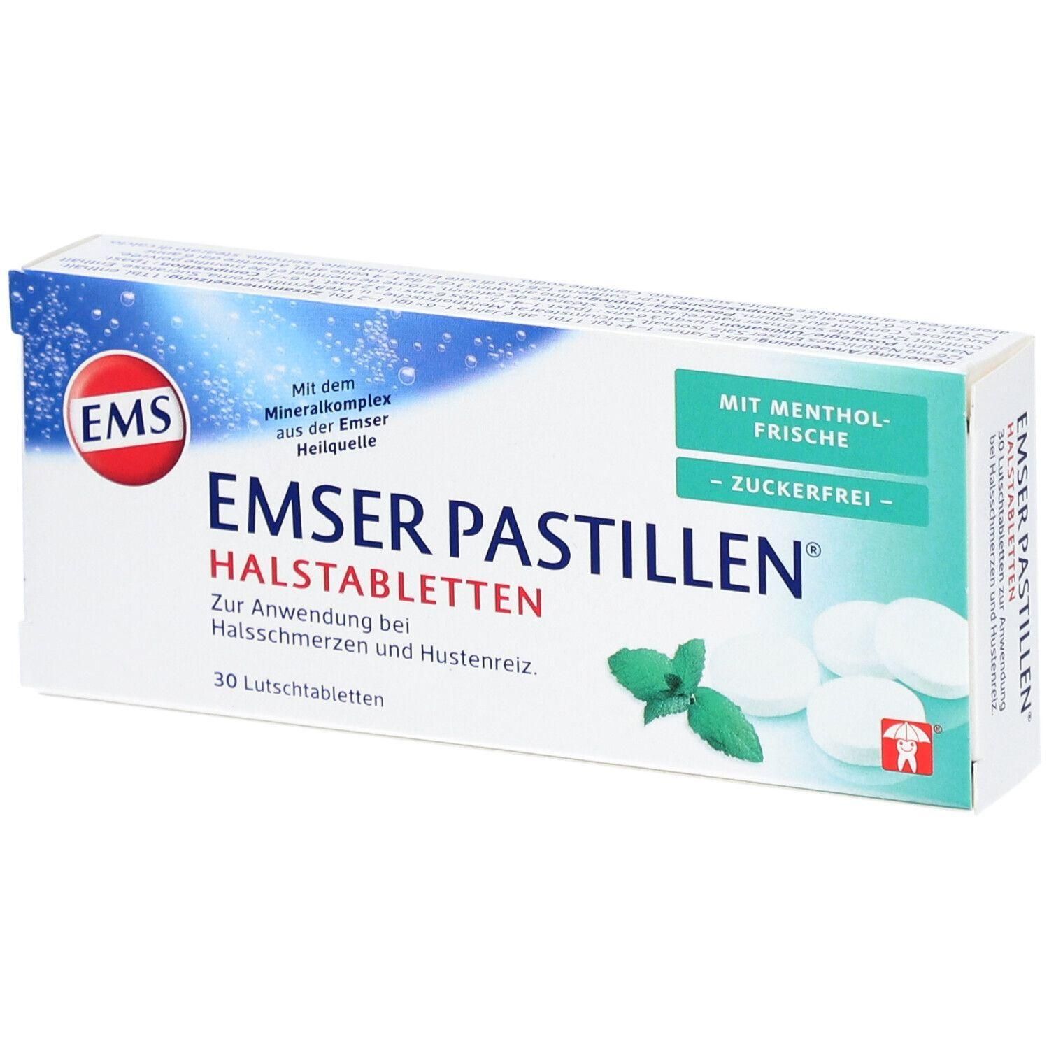 Schachtel mit EMSER PASTILLEN Halstabletten. Aufschrift: Mit Mentholfrische, zuckerfrei. 30 Lutschtabletten. Logo: EMS.