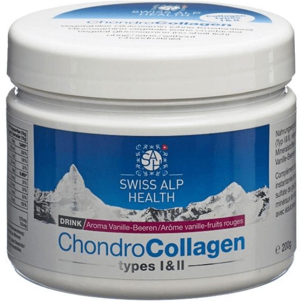 Weißes Dose mit blauem Etikett. Aufschrift: SWISS ALP HEALTH, ChondroCollagen types I&II. Aroma Vanille-Beeren. Mit Bergmotiv.