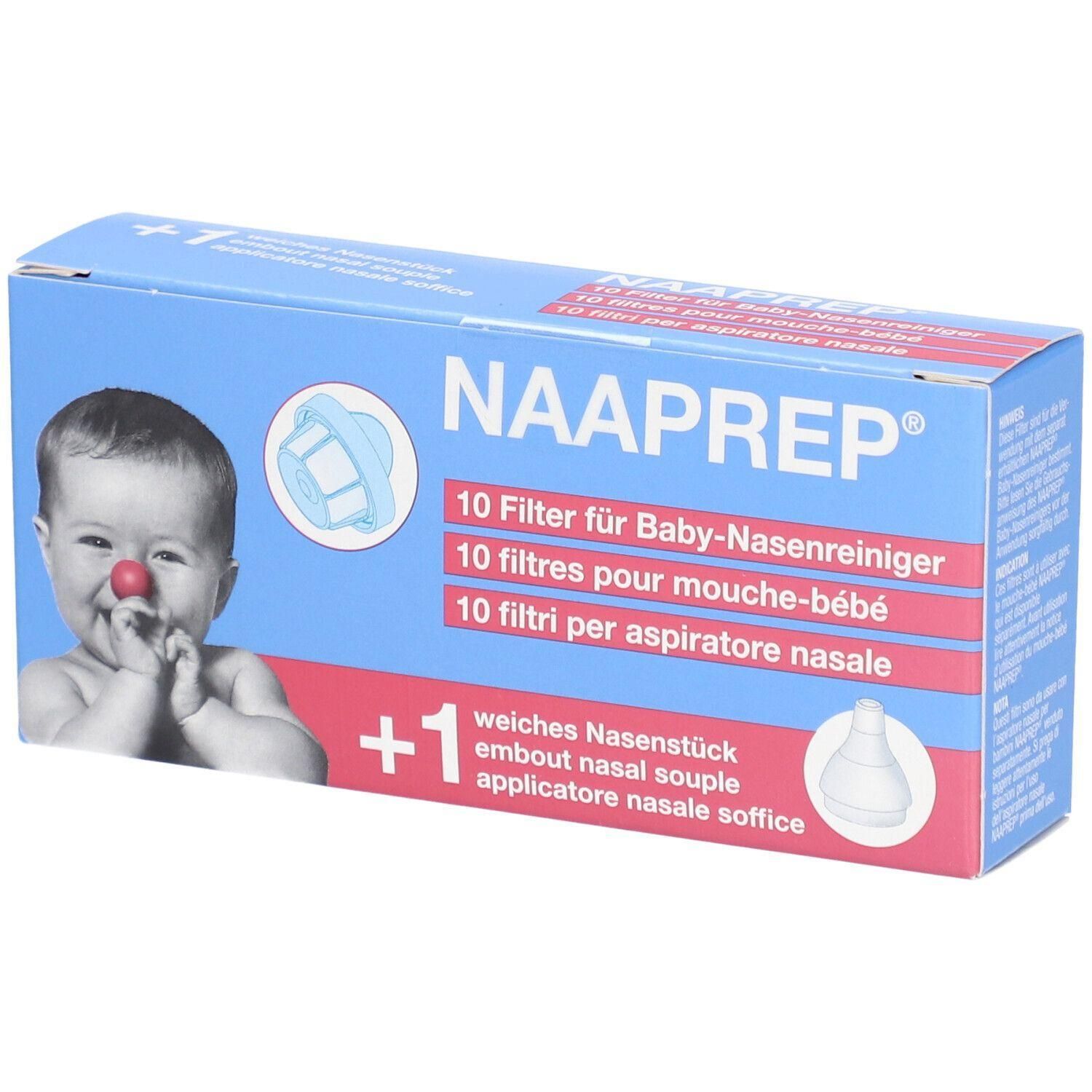 Blau-rote Verpackung mit Baby-Illustration und Produktnamen NAAPREP®. Enthält 10 Filter für Baby-Nasenreiniger und ein weiches Nasenstück.