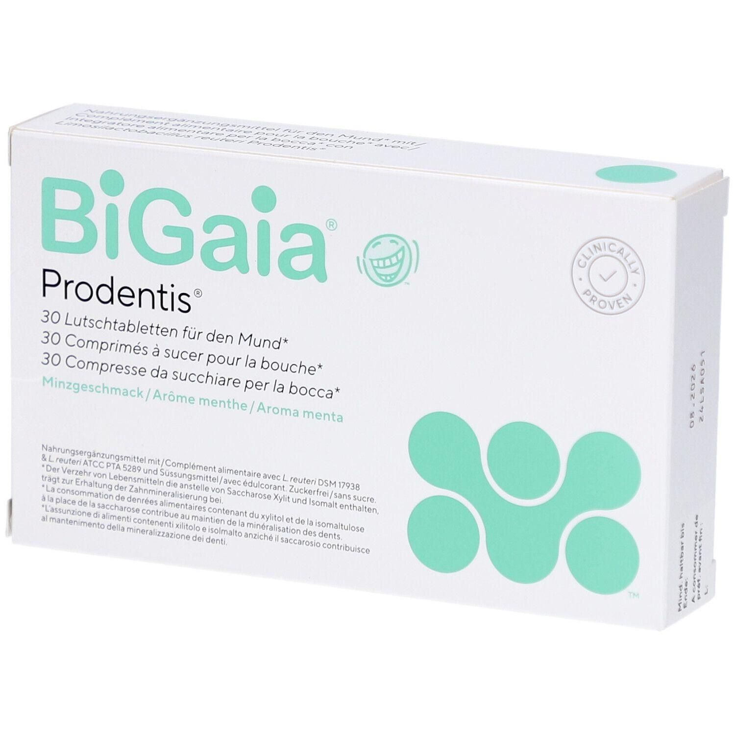 Weiße Schachtel mit grüner Grafik und Text. Aufschrift: BiGaia Prodentis, 30 Lutschtabletten. Klinisch geprüft.