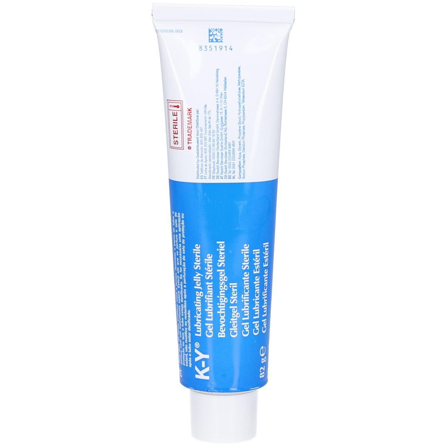 Tube mit blauem und weißem Design. Aufschrift: K-Y, Sterile, Gleitgel. Enthält mehrere Sprachen.