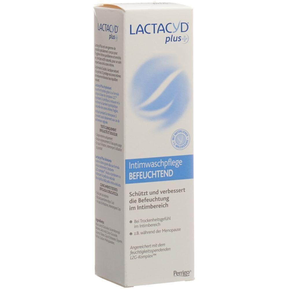 Weißer Karton mit Produktnamen LACTACYD plus+. Blaue Grafik und Text: Intimwaschpflege BEFEUCHTEND. Schützt und verbessert die Befeuchtung.