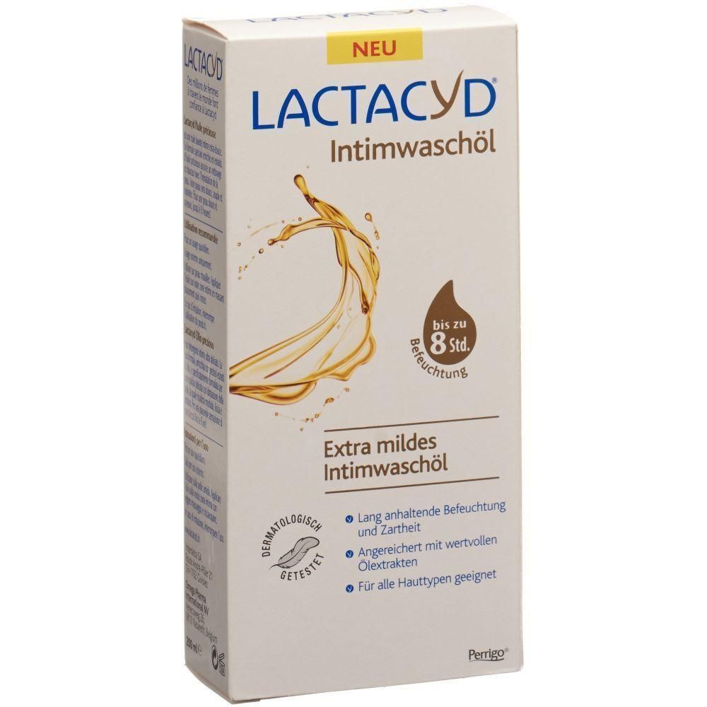 Verpackung von LACTACYD Intimwaschöl. Weißer Karton mit Produktnamen, gelbem Flüssigkeits-Design und Text. Dermatologisch getestet.