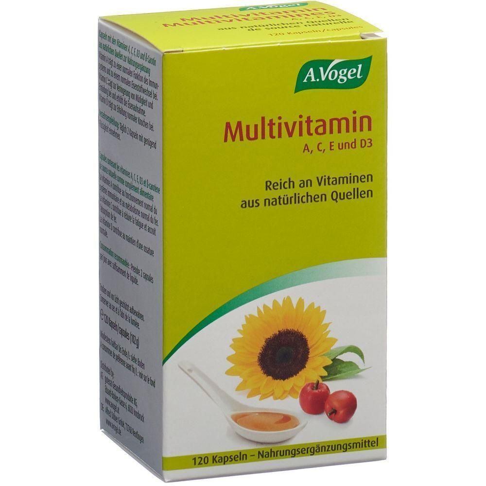 Gelbe Schachtel mit Produktaufdruck. A.Vogel Multivitamin, A, C, E und D3. 120 Kapseln. Sonnenblume, Äpfel und Löffel mit Flüssigkeit.