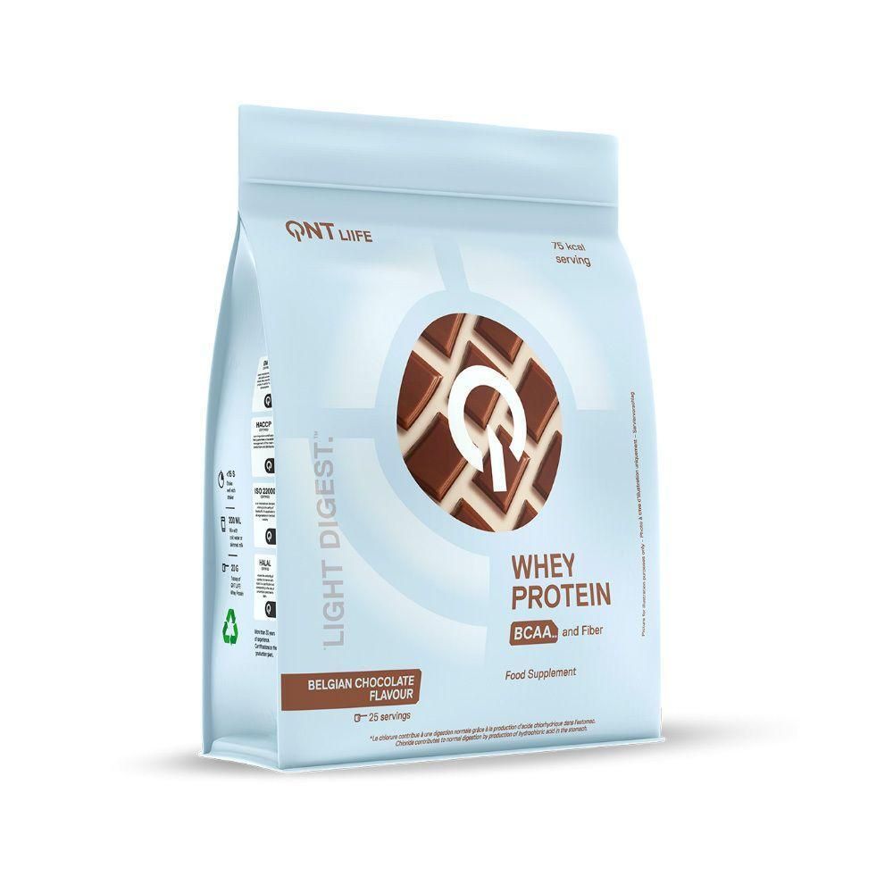 Beutel mit Whey Protein. Aufschrift: Light Digest, belgischer Schokoladengeschmack. Logo mit Schokoladenstückchen.