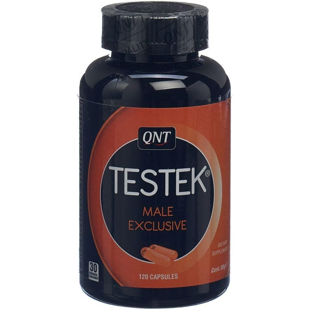 Braune Flasche mit schwarzem Deckel. Aufschrift QNT Testek Male Exclusive. Enthält 120 Kapseln. 30 Portionen.