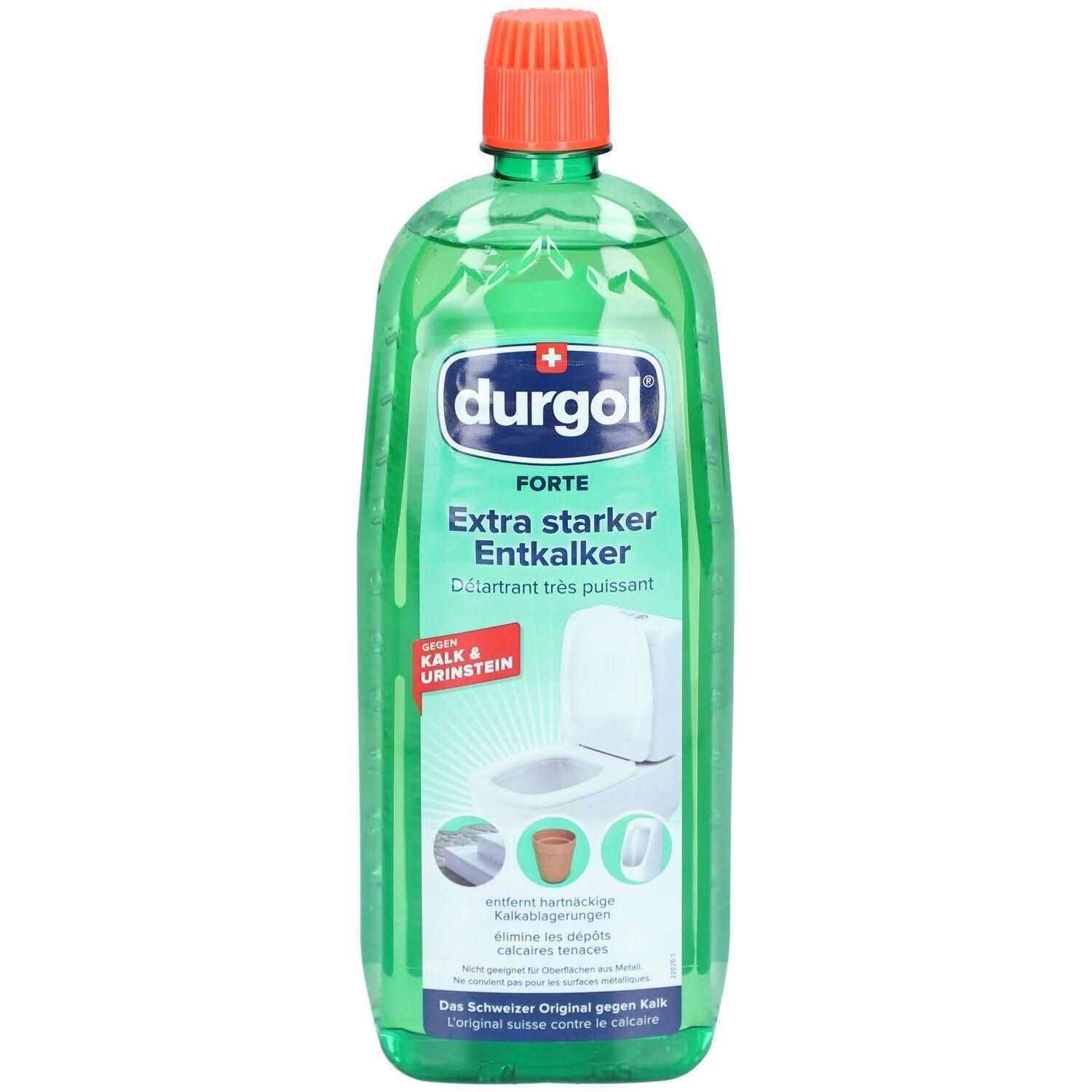 Grüne Flasche mit orangefarbenem Verschluss. Aufschrift: durgol FORTE Extra starker Entkalker. Enthält Kalk- und Urinstein-Entferner.