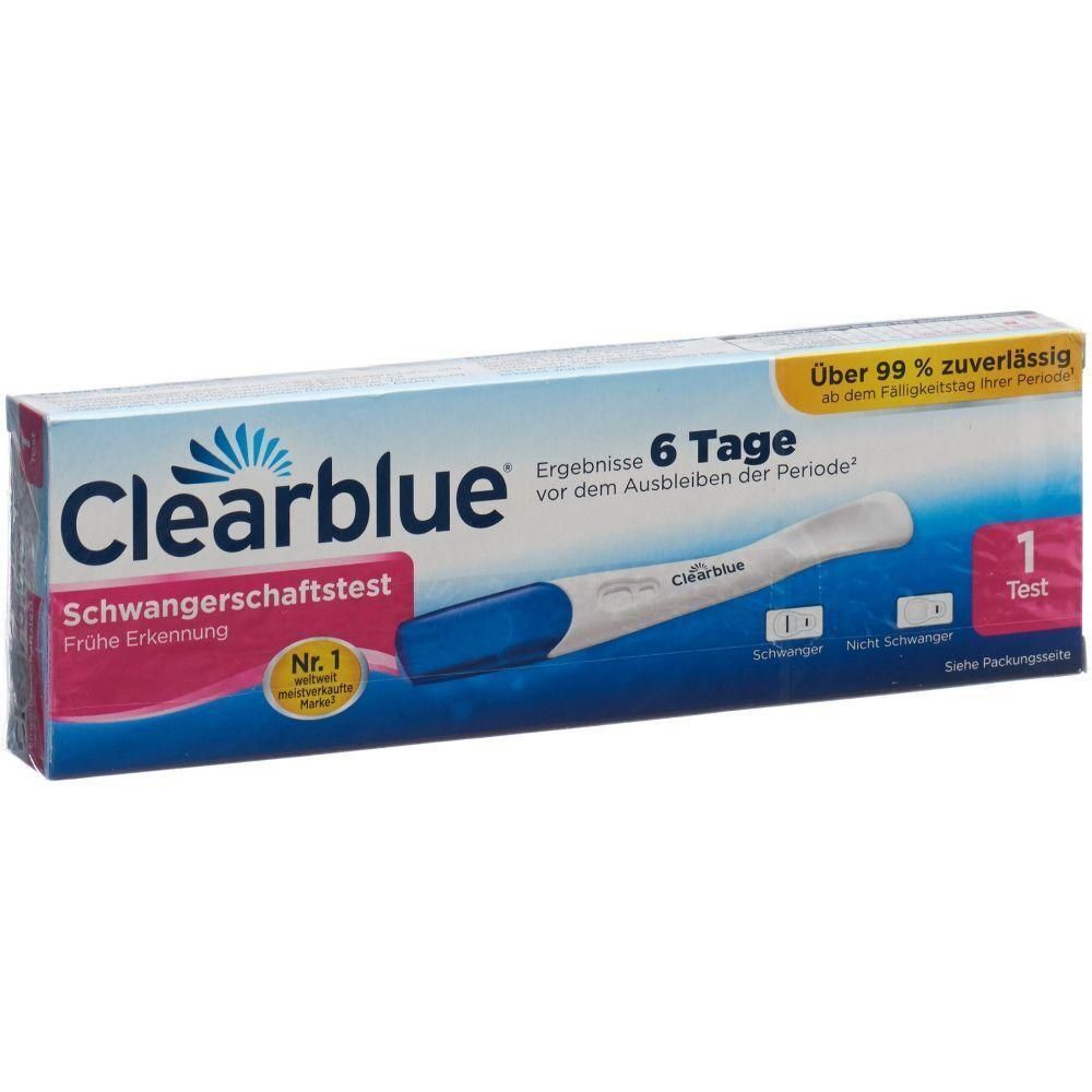 Verpackung von Clearblue Schwangerschaftstest. Enthält einen Test. Blaue und weiße Verpackung mit Produktnamen und Testergebnis-Anzeige.