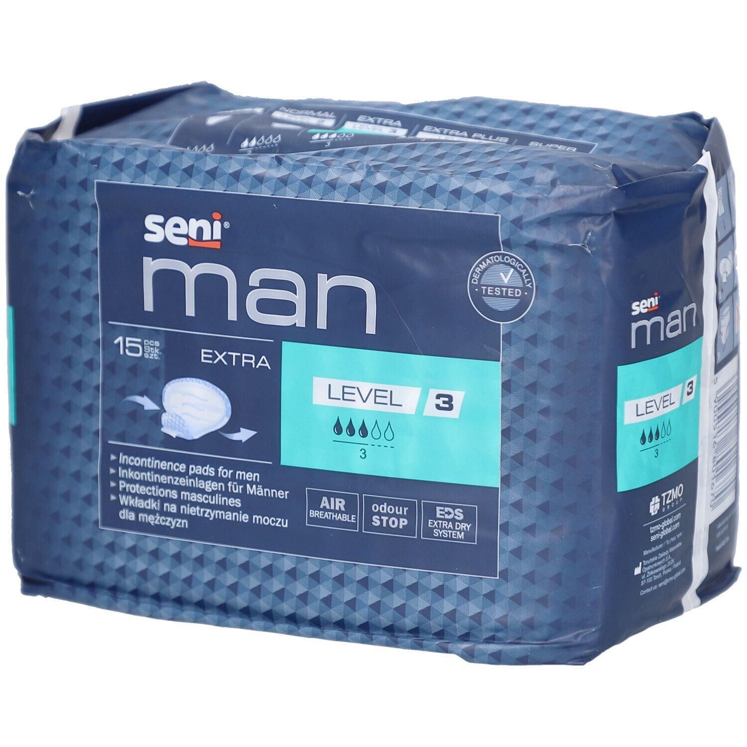 Verpackung von Seni Man Extra Level 3 Inkontinenzeinlagen. Blaue Verpackung mit Produktnamen, Saugstärke-Indikator und Zertifizierung.