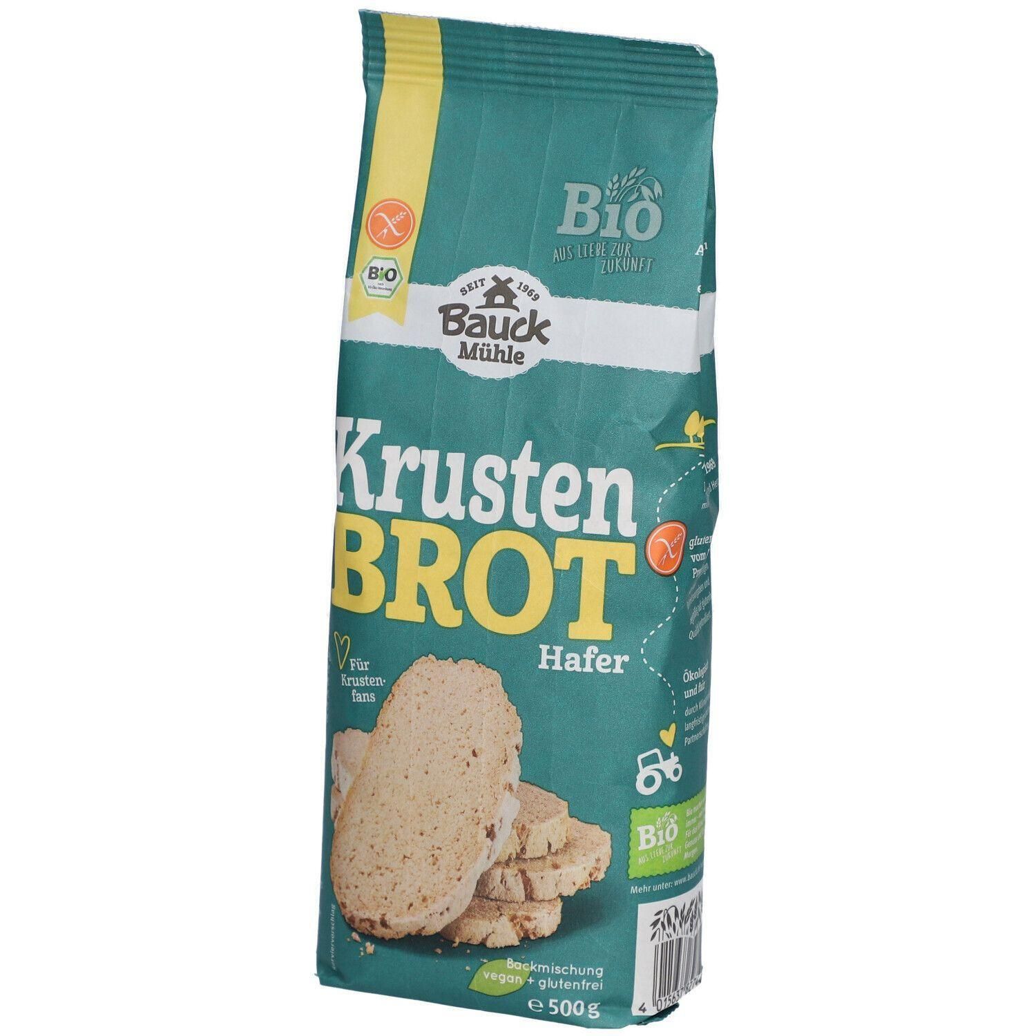 Verpackung von Bauckhof Krustenbrot Hafer Backmischung Bio. Grün-weißes Design mit Produktabbildung und Bio-Siegel.