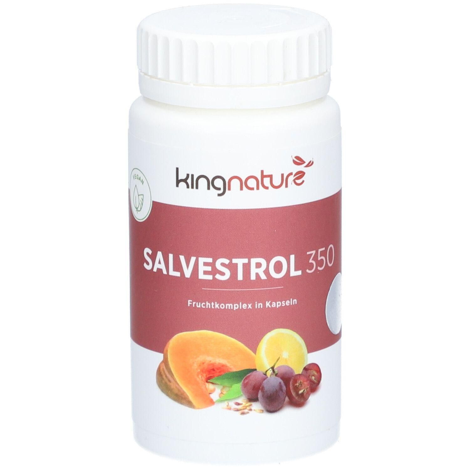 Weiße Flasche mit Schraubverschluss. Aufschrift: kingnature, Salvestrol 350. Abbildung von Früchten.