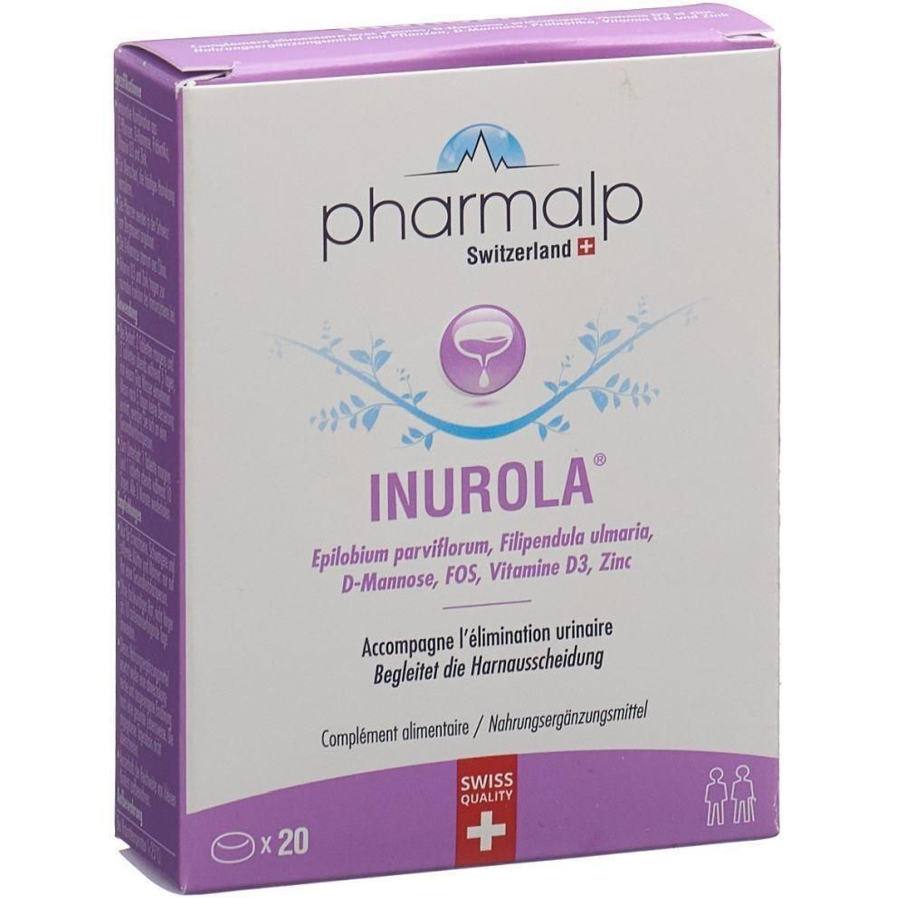 Karton mit Produktaufdruck. Aufschrift: pharmalp, INUROLA. Enthält 20 Tabletten. Swiss Quality-Siegel.