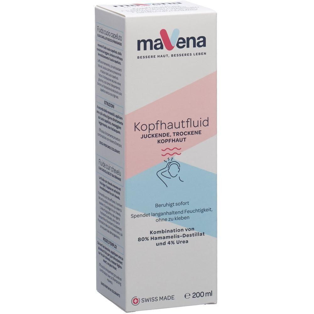 Kopfhautfluid-Verpackung. Weißer Karton mit Produktnamen und Logo. Enthält Informationen zu Inhaltsstoffen und Anwendung. Swiss Made.
