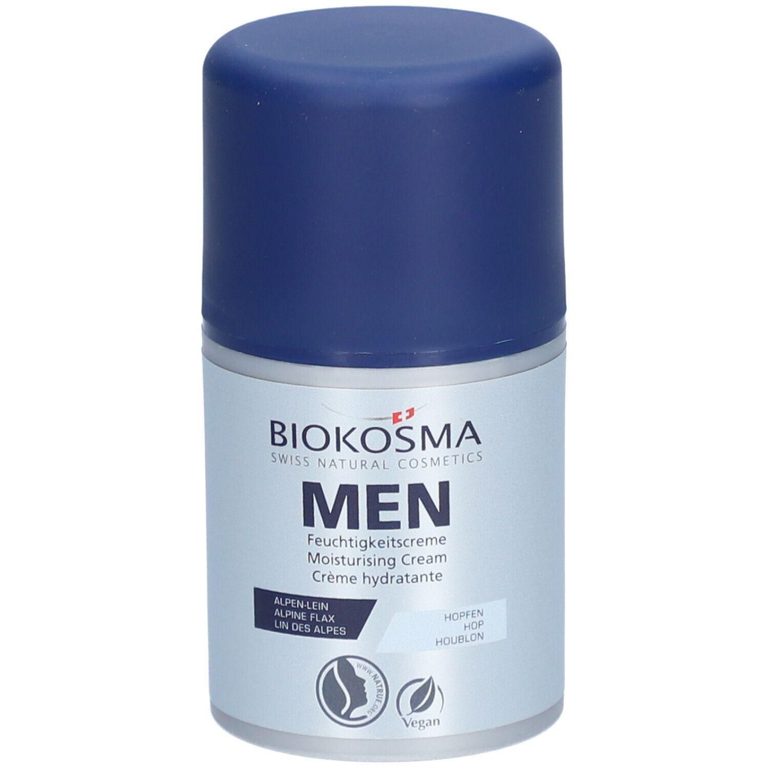 Zylinderförmige Creme-Dose mit blauem Deckel. Aufschrift: BIOKOSMA MEN Feuchtigkeitscreme. Vegan-Siegel.