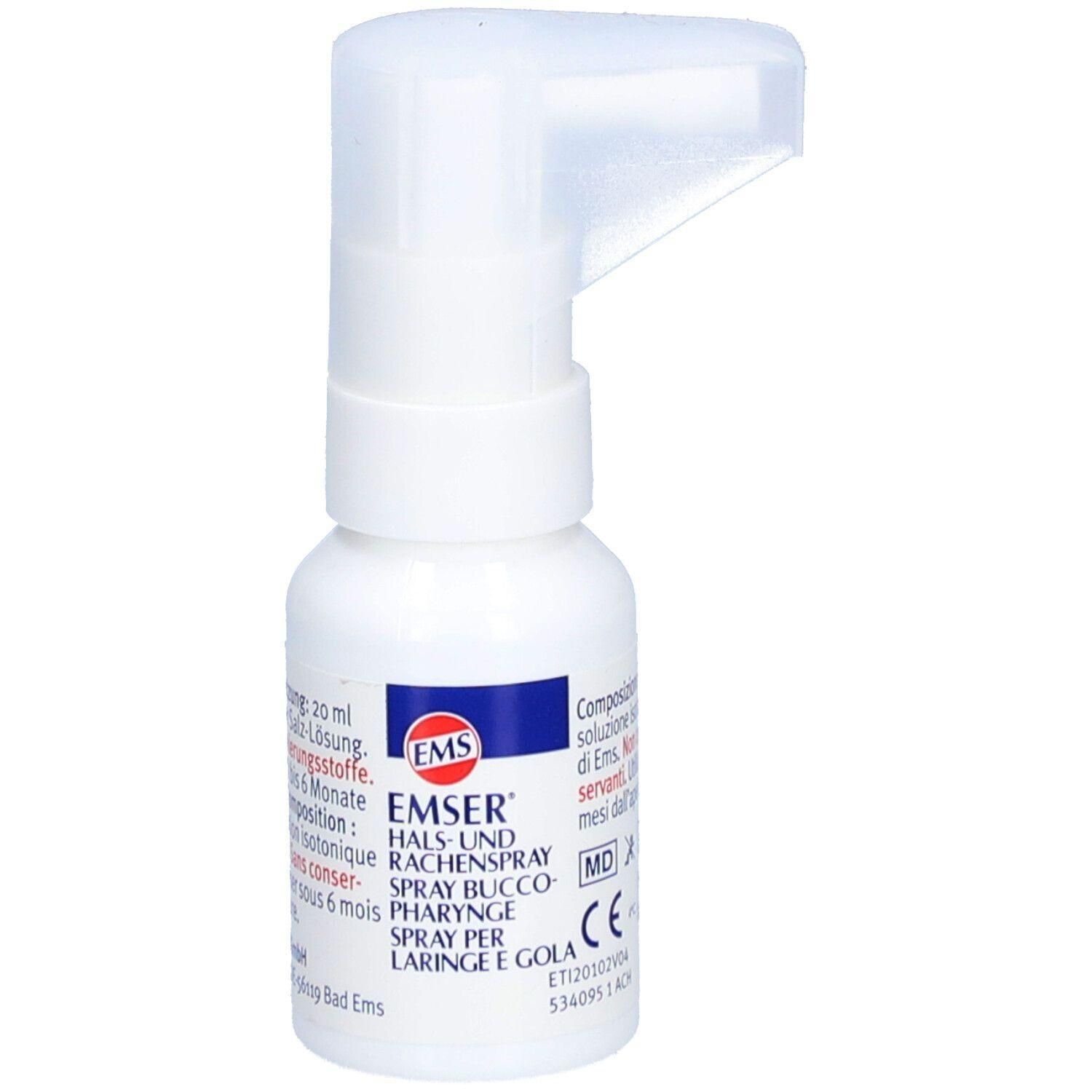 Weiße Sprühflasche mit Sprühkopf. Beschriftung: EMSER, HALS- UND RACHENSPRAY, SPRAY BUCCO-PHARYNGE, SPRAY PER LARINGE E GOLA. CE-Kennzeichnung.