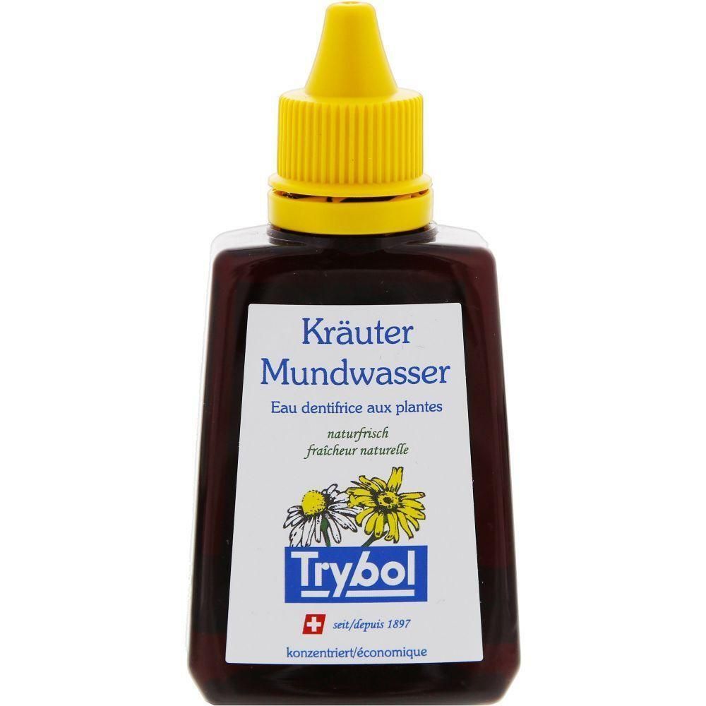 Flacon brun avec bouchon jaune. Étiquette avec texte: Kräuter Mundwasser, Trybol. Design floral et croix suisse.