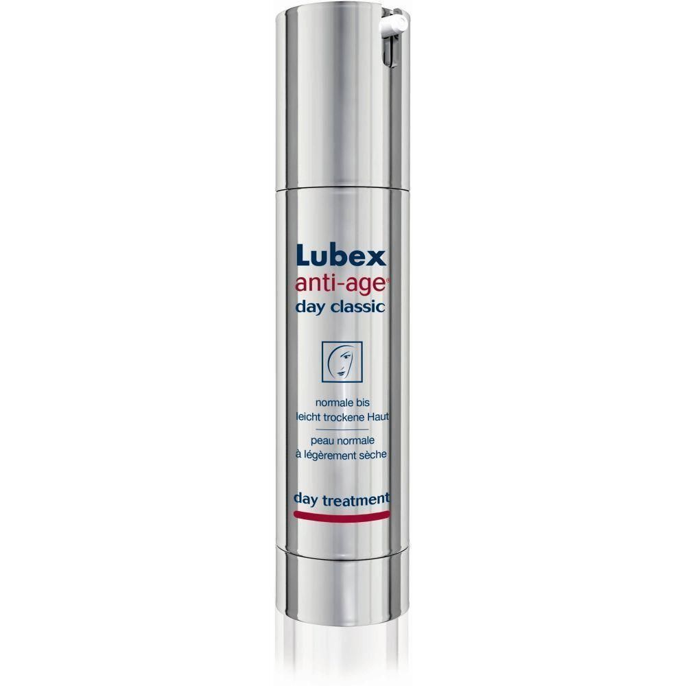 Silberne Flasche mit weißem Spender. Aufschrift: Lubex anti-age day classic. Für normale bis leicht trockene Haut. Day treatment.