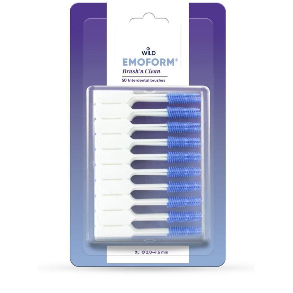 Verpackung mit Interdentalbürsten. Marke EMOFORM Brush'n Clean. Blaue Borsten, weiße Griffe. XL 2,0-4,6 mm.