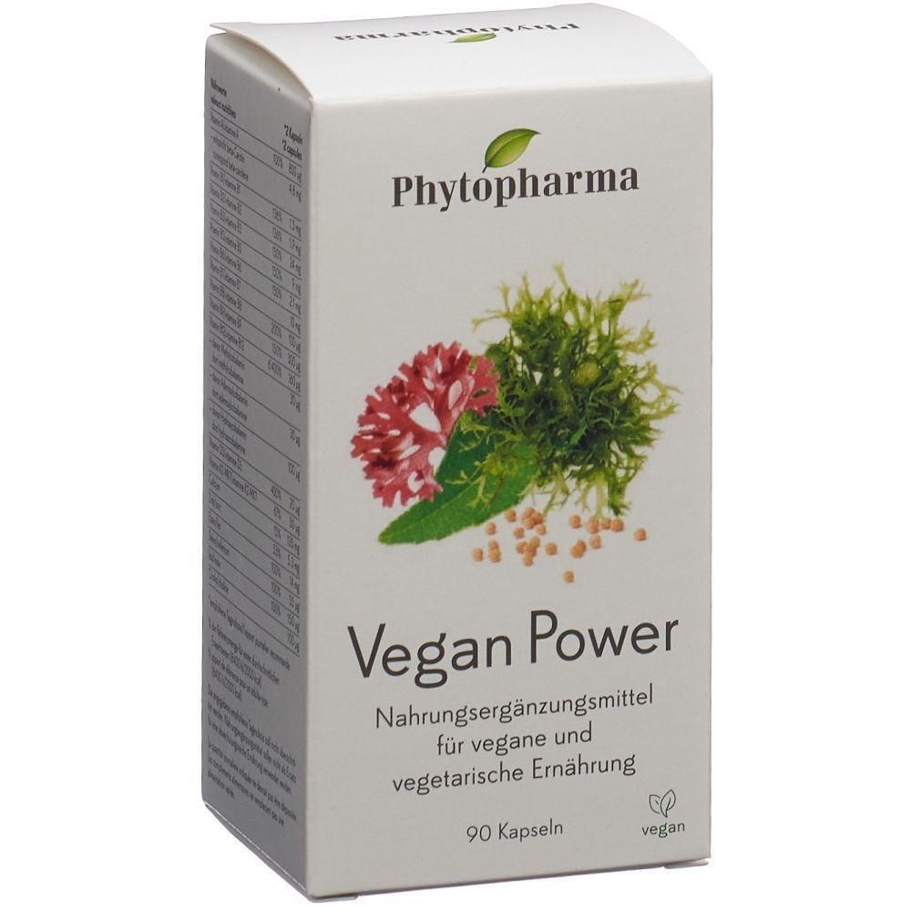 Weiße Verpackung mit Produktnamen Vegan Power. Logo von Phytopharma. Abbildung von Algen und Kapseln. 90 Kapseln, vegan.