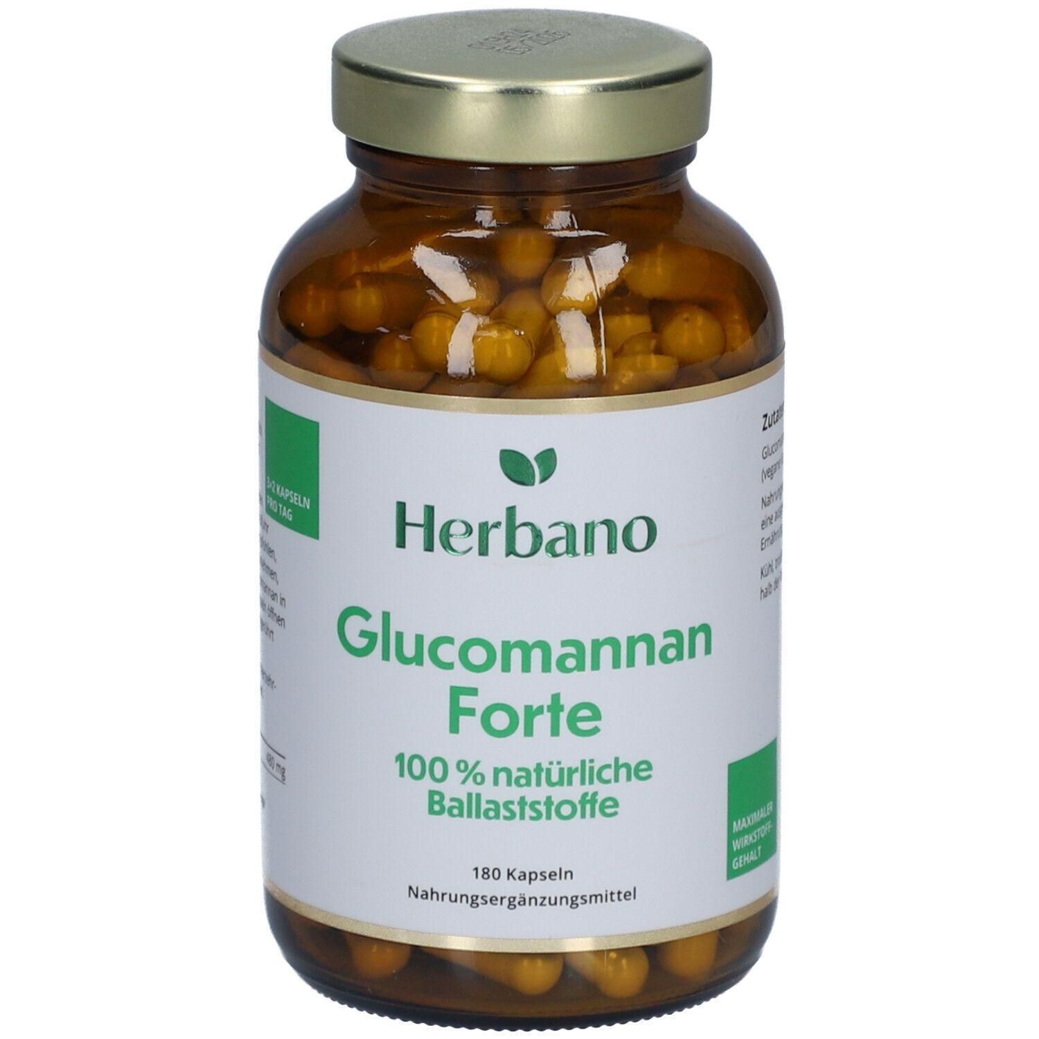 Flacon en verre brun avec couvercle doré. Étiquette "Herbano Glucomannan Forte". Contient des gélules.