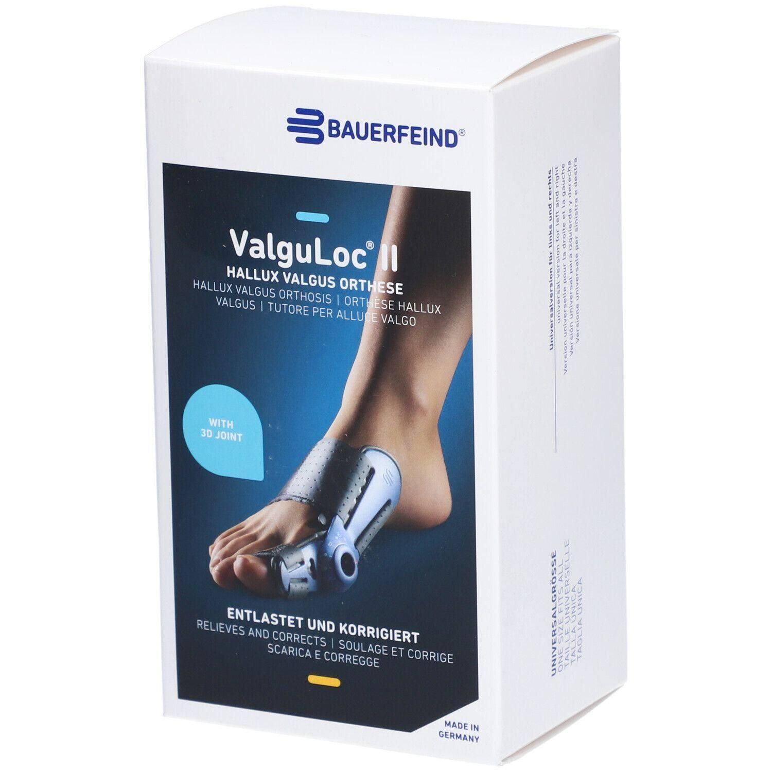 Weiße Verpackung mit Produktabbildung. Darauf steht "BAUERFEIND ValguLoc II". Produkt zur Korrektur des Hallux Valgus.