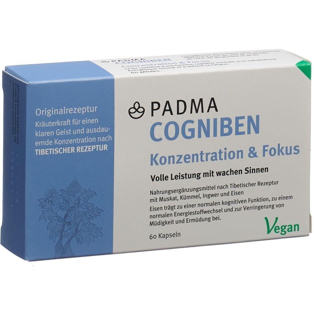 Karton mit PADMA COGNIBEN Kapseln. Aufschrift: Konzentration & Fokus. Enthält 60 Kapseln. Vegan-Siegel.