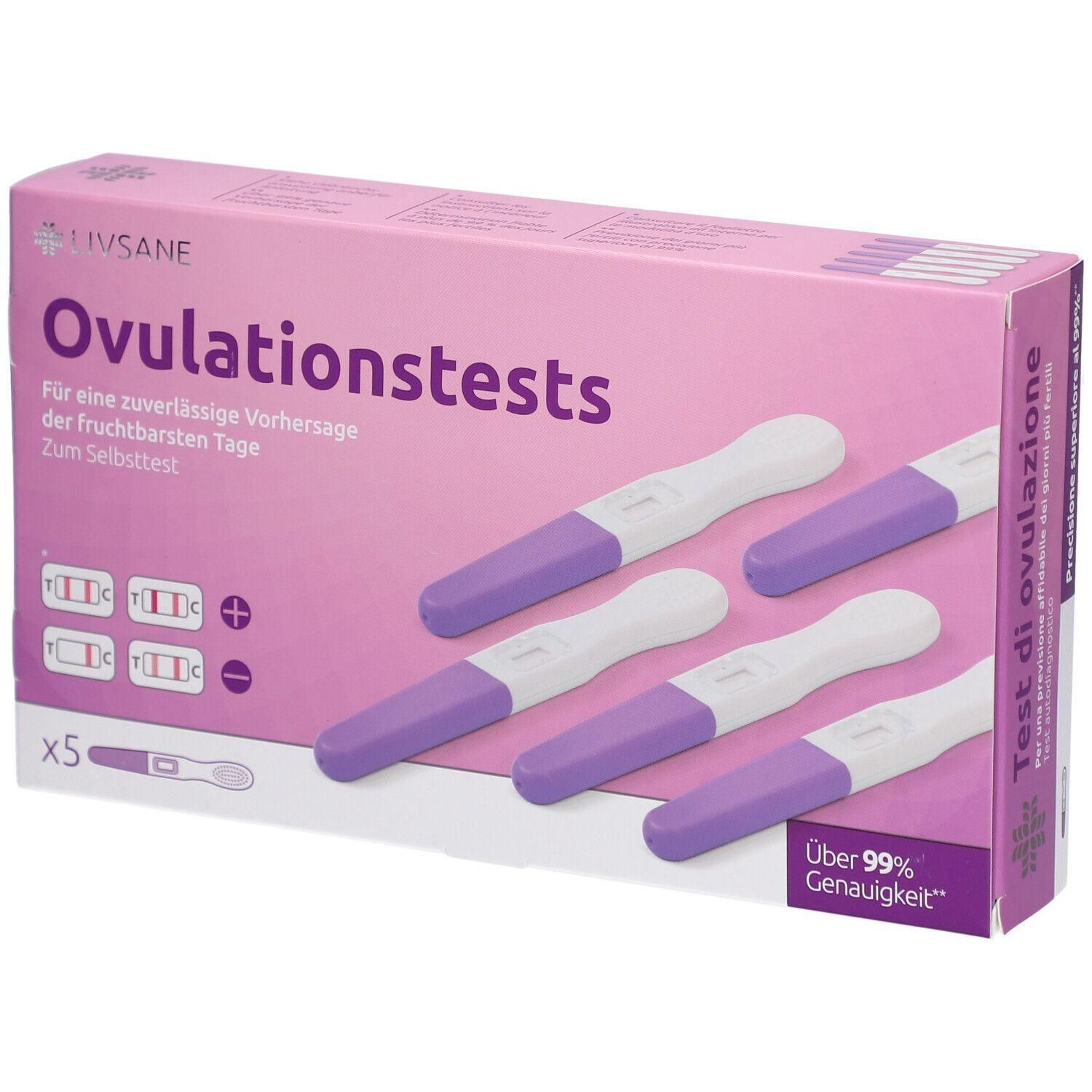 Boîte rose avec tests d'ovulation. Contient 5 bâtonnets et une illustration. Inscription : LIVSANE, tests d'ovulation, précision supérieure à 99 %.
