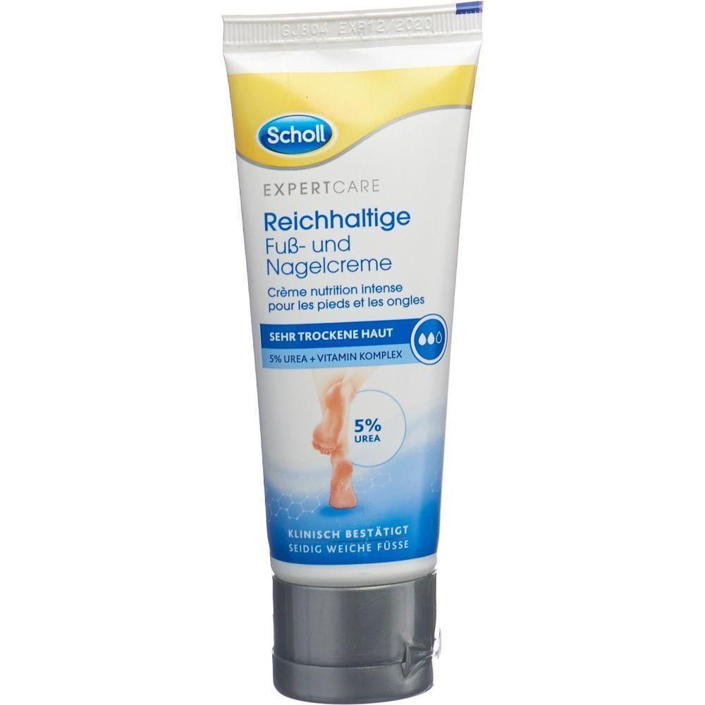 Creme-Tube mit Produktnamen und Marke. Text: Reichhaltige Fuß- und Nagelcreme, Scholl. Für sehr trockene Haut.