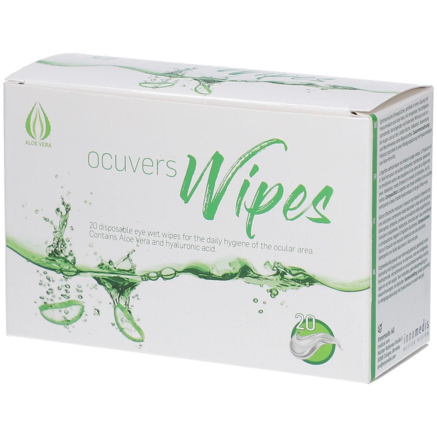 Weiße Schachtel mit grüner Aufschrift „ocuvers Wipes“. Enthält 20 feuchte Augenwischtücher. Mit Aloe Vera und Hyaluronsäure.