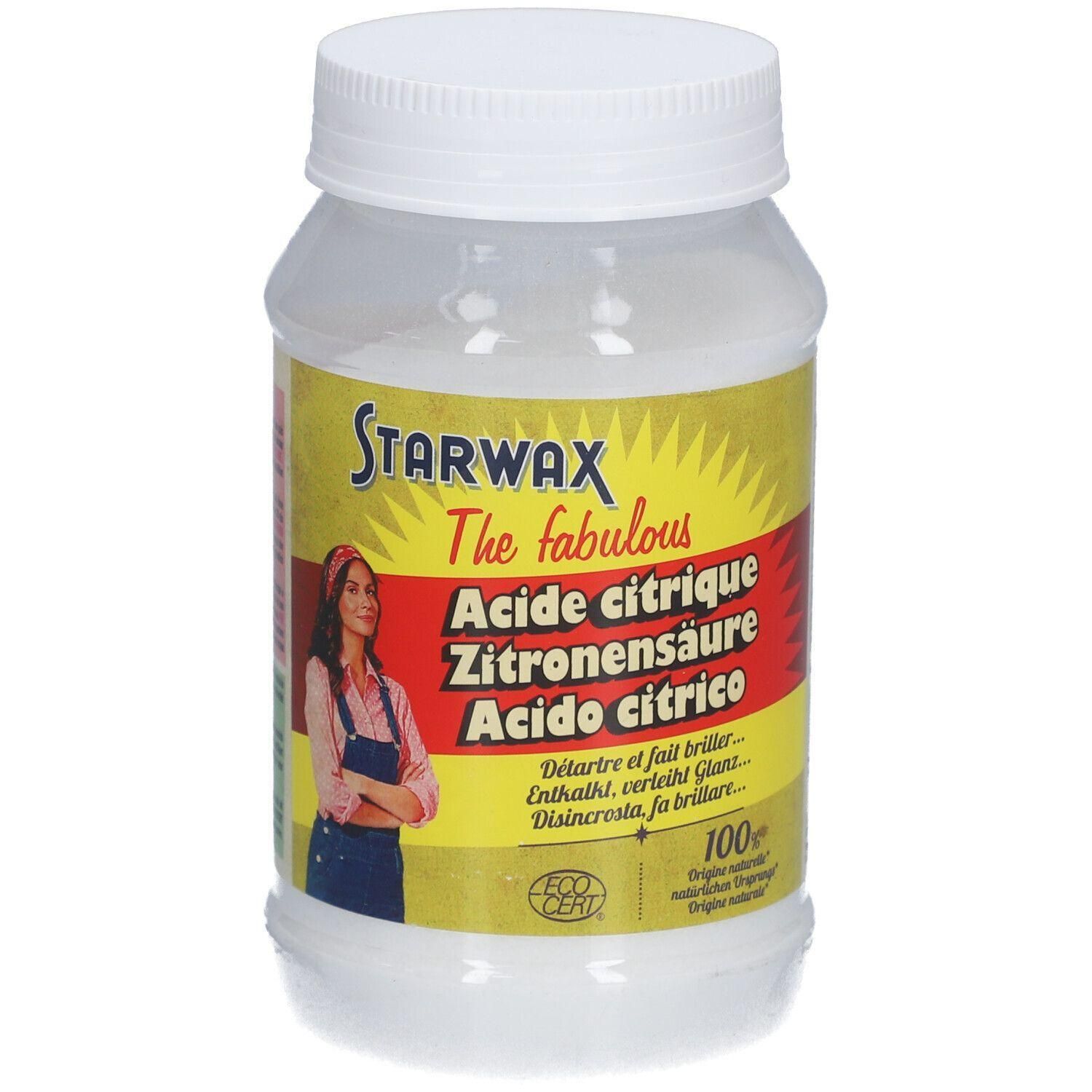 Transparente Dose mit weißem Deckel. Auf gelbem Etikett: STARWAX, Acide citrique, Zitronensäure. ECO CERT-Logo. 100g.