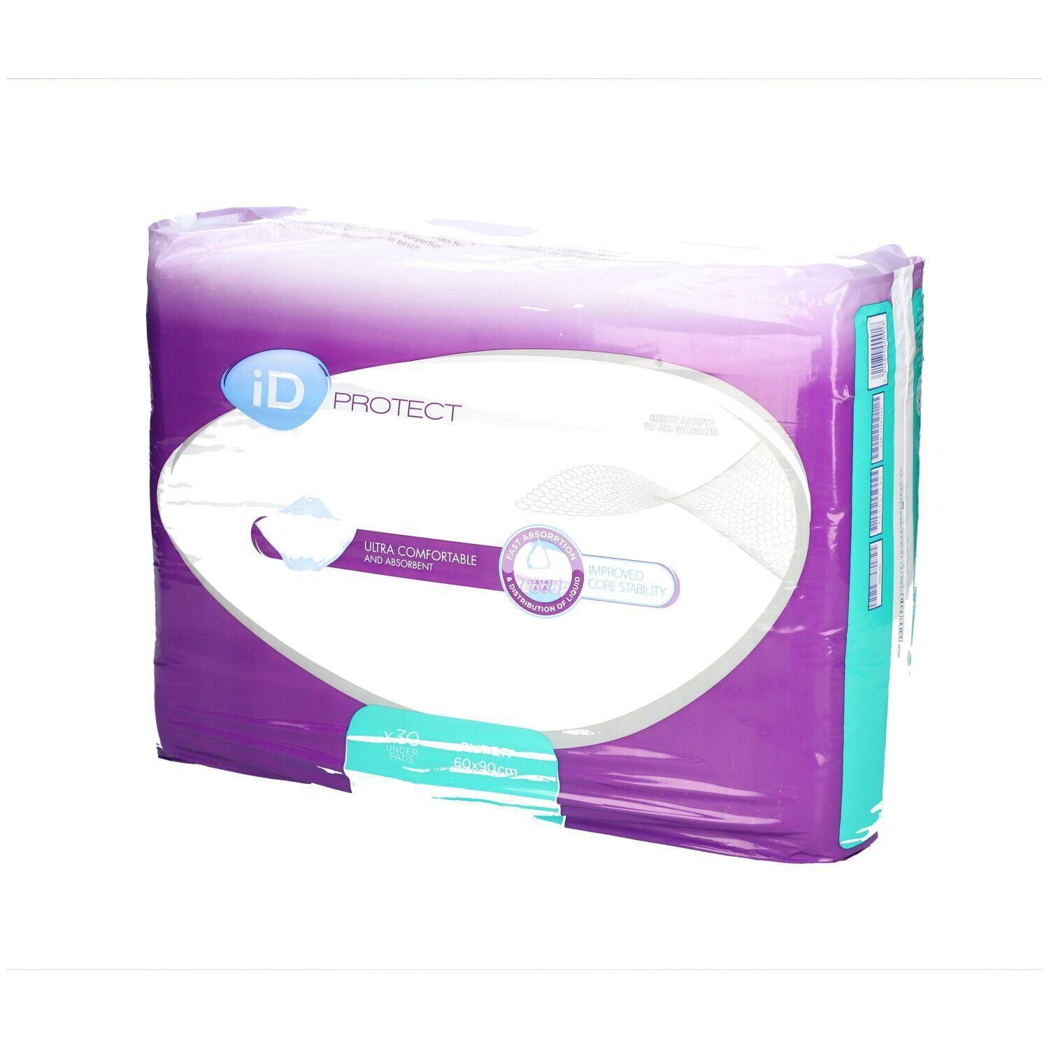 Verpackung von iD Protect. Lila und weiß. Aufschrift: iD PROTECT, Ultra Comfortable, Sensitive Skin.
