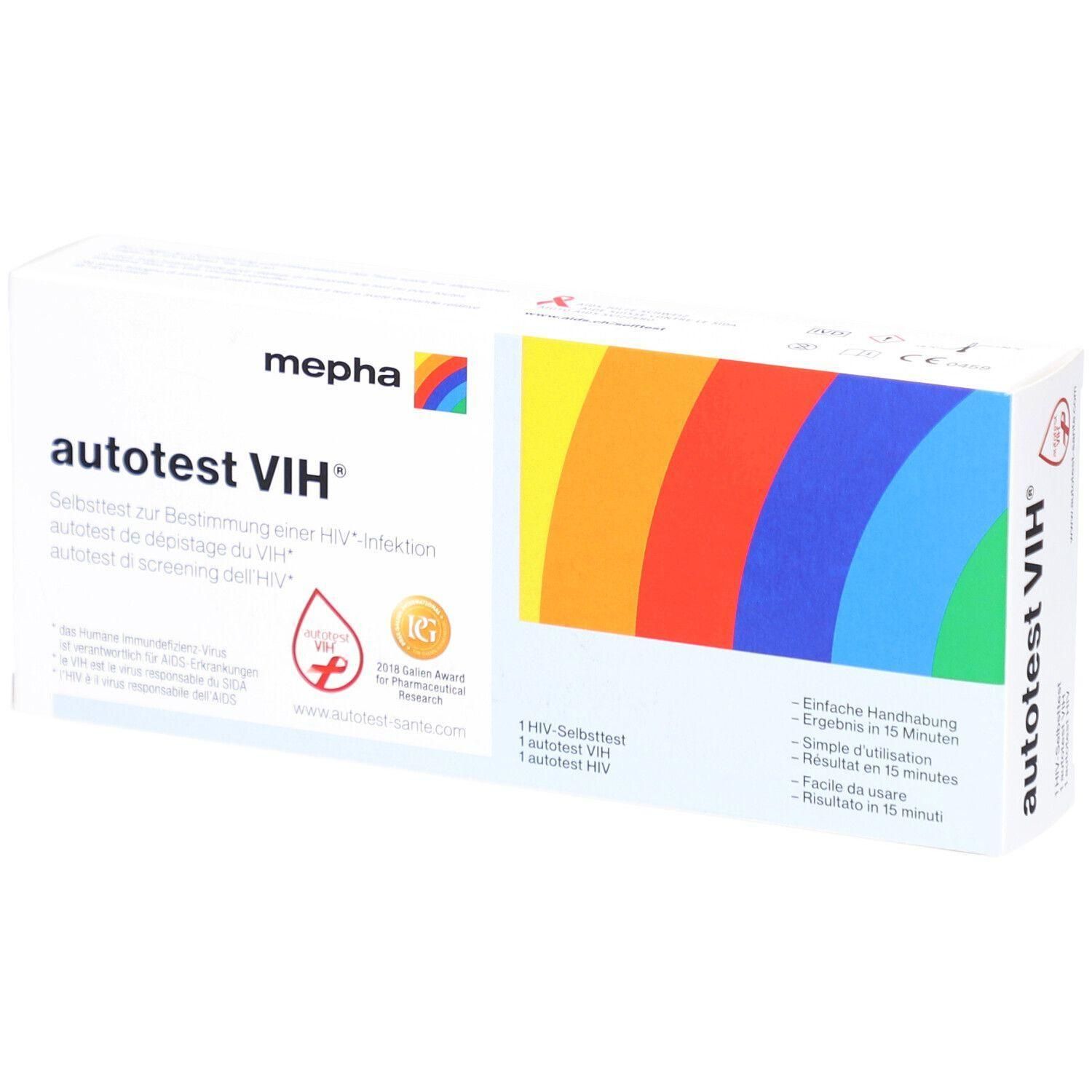 Verpackung von autotest VIH®. Weiße Schachtel mit Produktnamen, Logo und farbigem Design. Enthält einen HIV-Selbsttest.