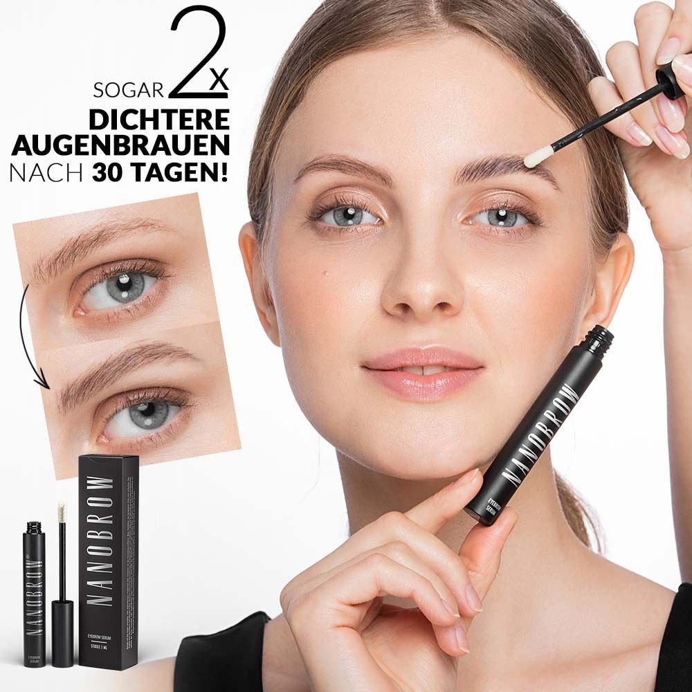 Frau hält Flasche und Applikator. Auf der Flasche steht NANOBROW. Text: 2x dichtere Augenbrauen nach 30 Tagen!