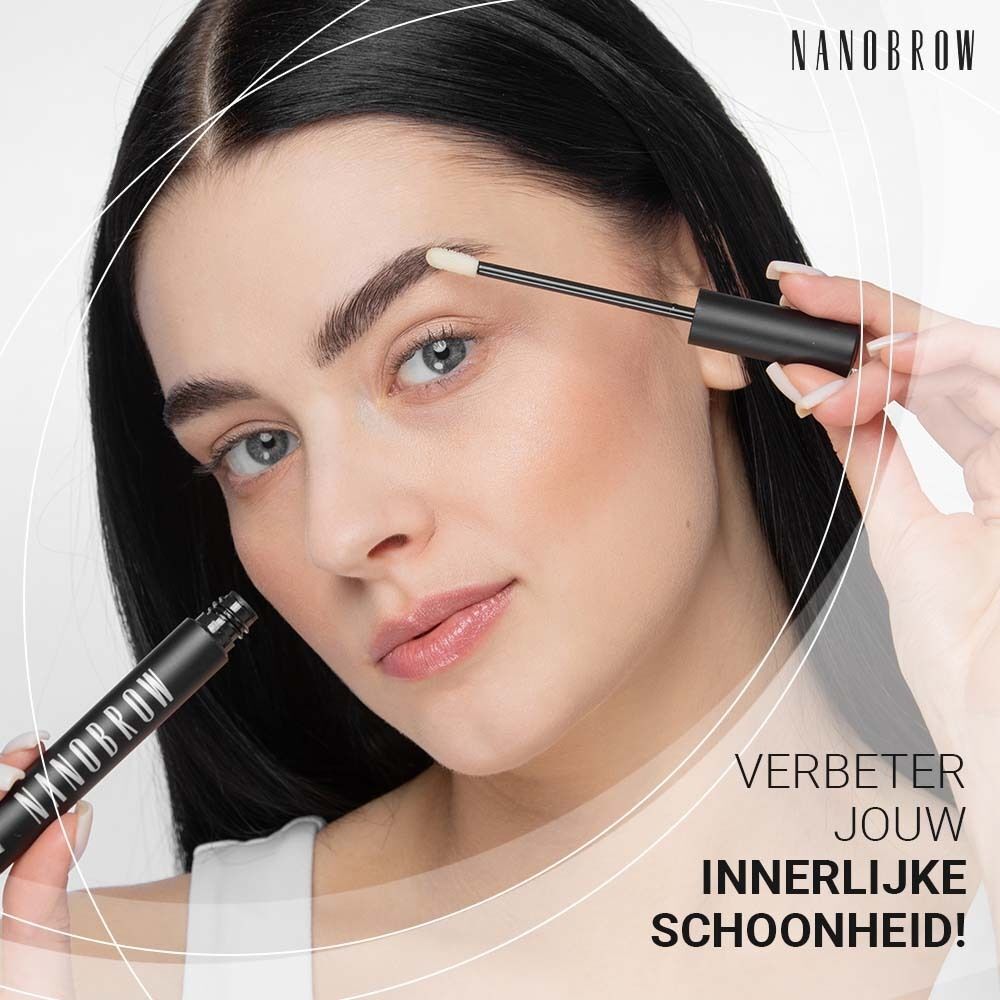 Frau mit Applikator am Auge. Flasche mit NANOBROW. Text: Verbessert deine innere Schönheit!