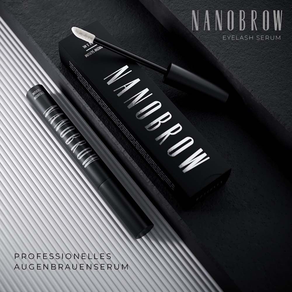 Schwarze Verpackung und Flasche mit NANOBROW. Text: Professionelles Augenbrauenserum.