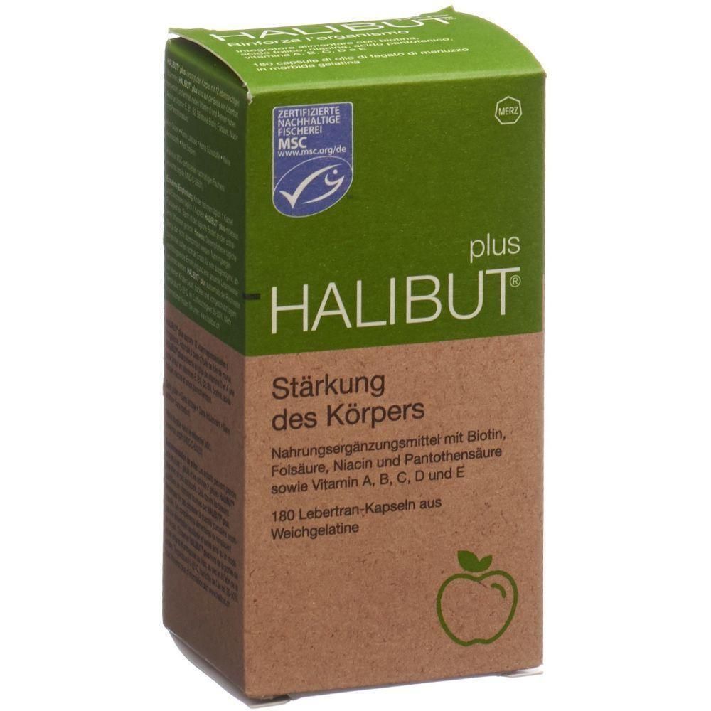 Karton mit HALIBUT plus. Aufschrift: Stärkung des Körpers. MSC-Zertifizierung. Enthält Nahrungsergänzungsmittel mit Vitaminen.