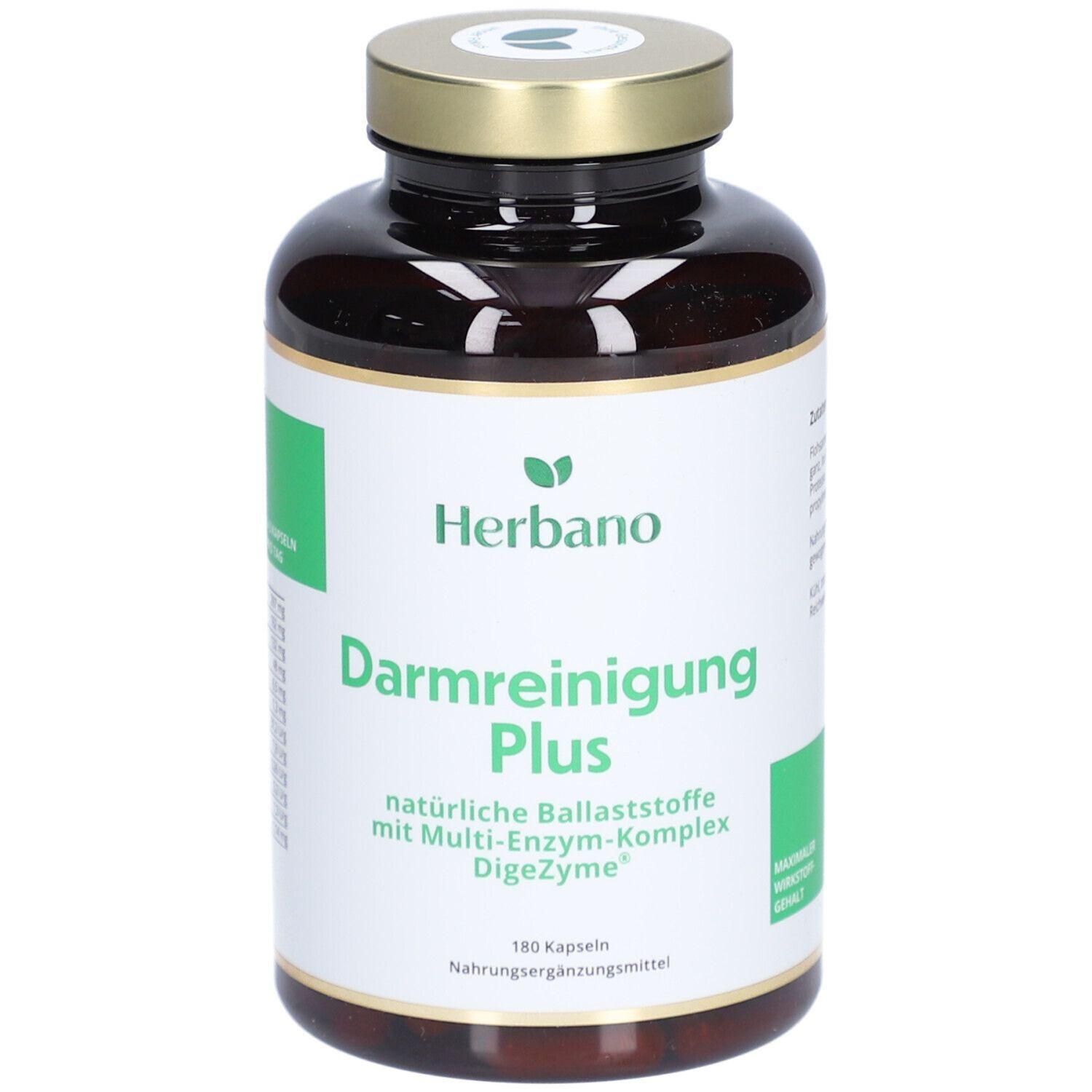Braune Flasche mit goldfarbenem Deckel. Auf dem Etikett steht "Herbano Darmreinigung Plus" mit Zusatzinformationen und der Aufschrift "180 Kapseln".