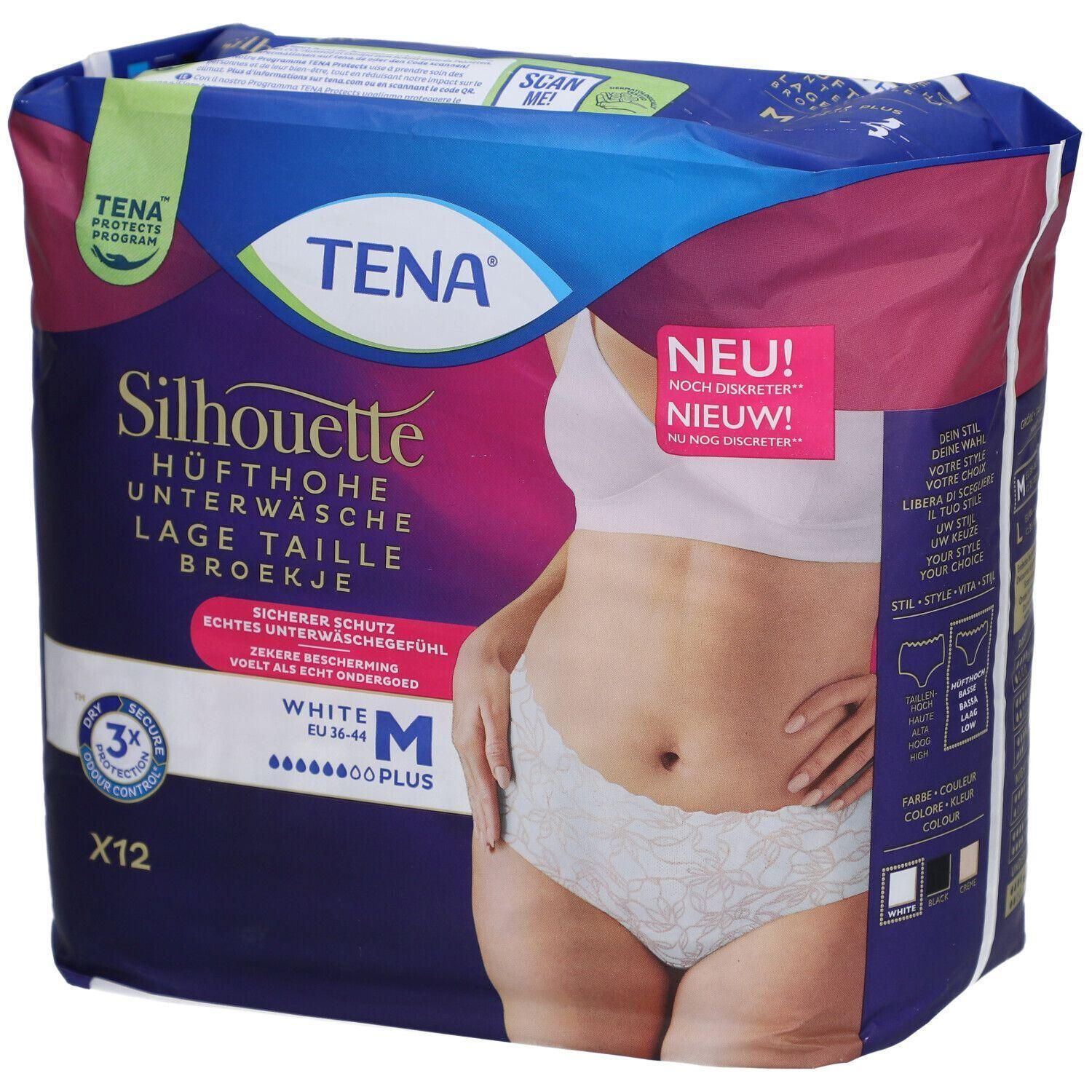 Verpackung von TENA Silhouette Plus White M. Hüfthohe Unterwäsche, Größe M, weiß. Sicherer Schutz, echtes Wäschegefühl. X12.