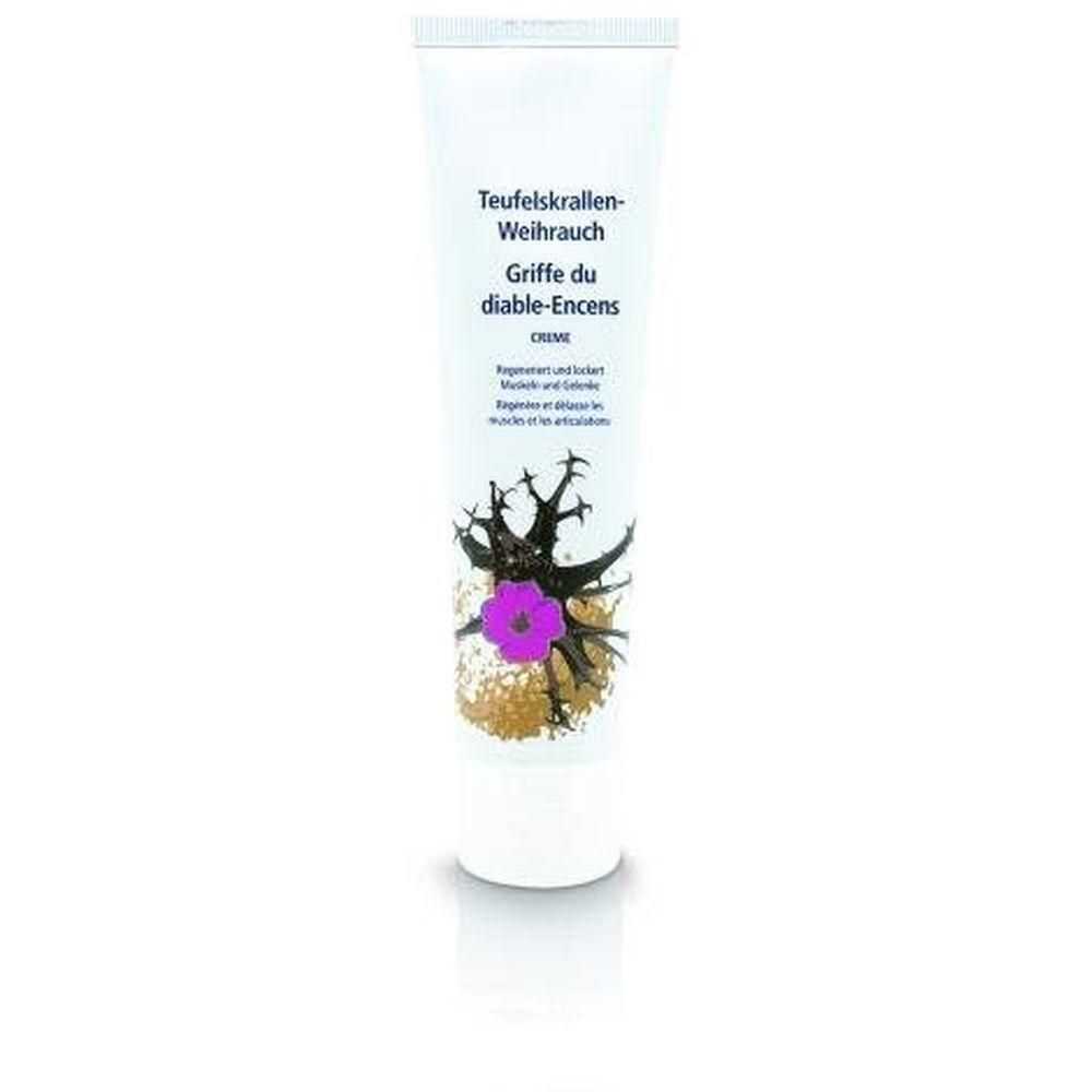 Creme-Tube mit Produktnamen und Illustration. Text: Teufelskrallen-Weihrauch, Griffe du diable-Encens. Abbildung einer Pflanze mit lila Blüte.