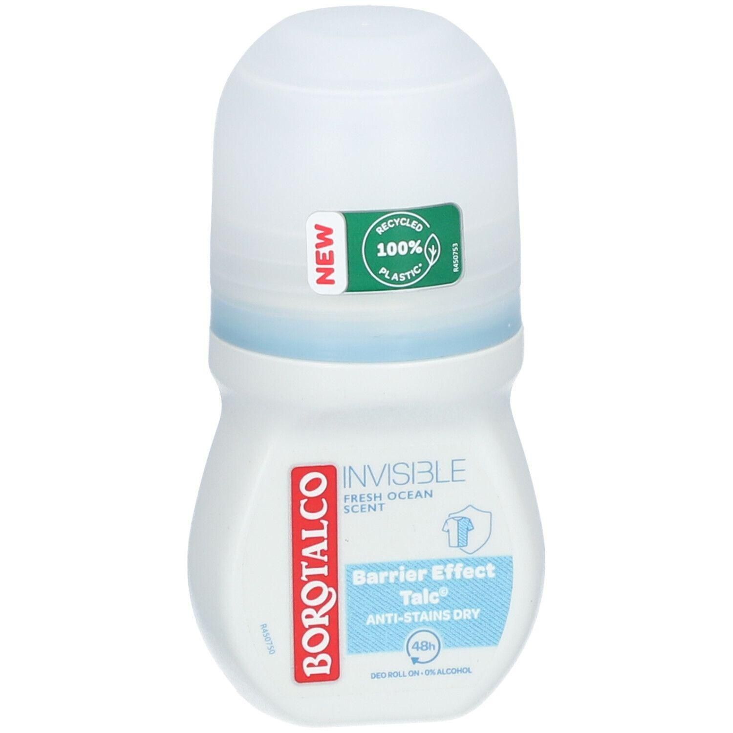 Weißer Roll-on-Deodorant von BOROTALCO. Mit „INVISIBLE“ und „Barrier Effect Talc“ beschriftet. Enthält ein Recycling-Siegel.